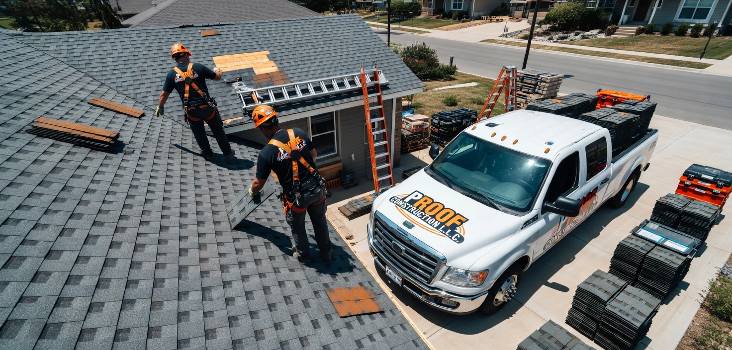 Two roofers on a residential roof installation